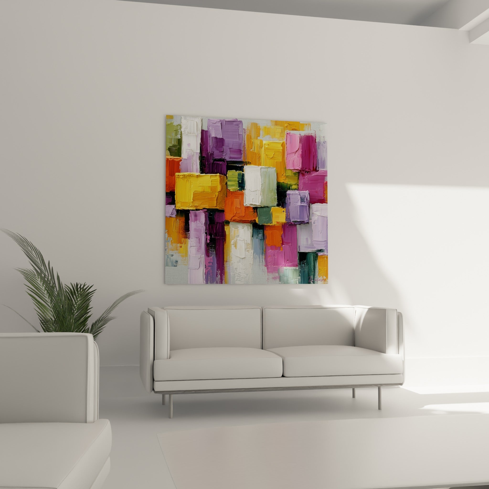 Pavés de couleurs orange et prune du tableau géométrique abstrait, disposés au-dessus d'un canapé dans un salon lumineux