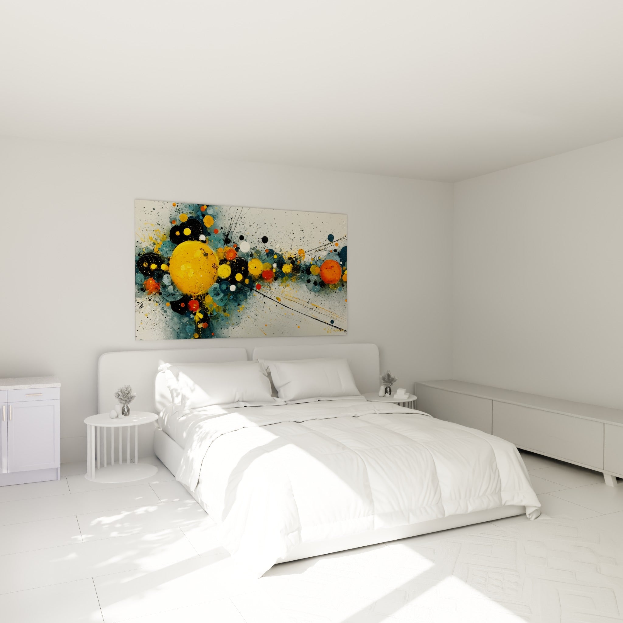 Orbes dorés et rouge brique sur fond bleu pétrole, au-dessus d'un lit dans une chambre claire