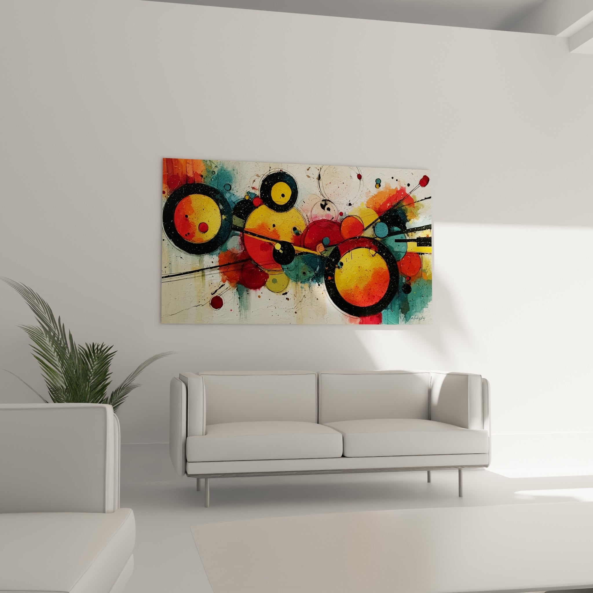 Orbes colorés rouge, jaune et bleu sarcelle, tableau géométrique abstrait au-dessus d'un canapé dans un salon lumineux