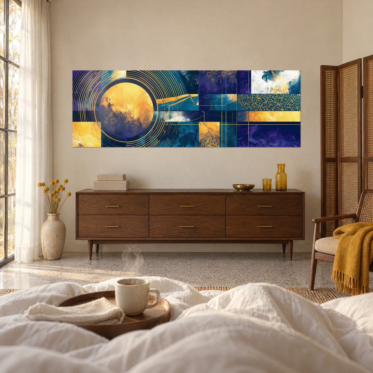 Quadro con un astro giallo zafferano circondato da onde dorate, quadrati blu petrolio e viola intenso, sopra un letto in una camera luminosa