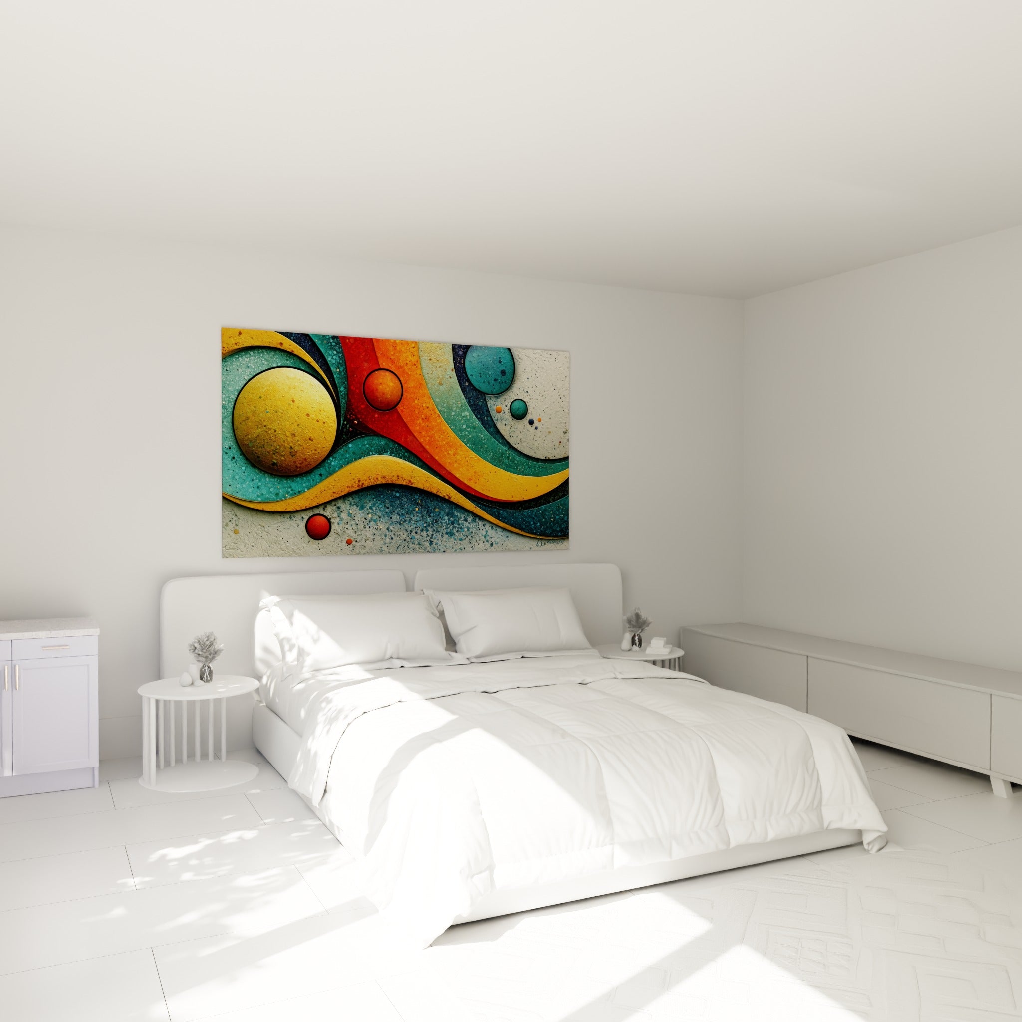 Formes orbitales dorées et rouges de ce tableau géometrique abstrait accrochées au-dessus d'un lit dans une chambre claire