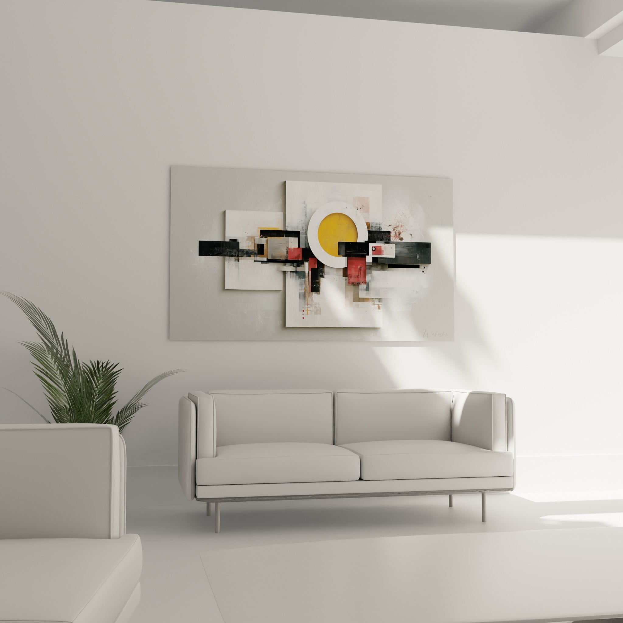 Panneaux superposés gris et rouge terracotta de ce tableau géométrique abstrait au-dessus d'un canapé dans un salon lumineux