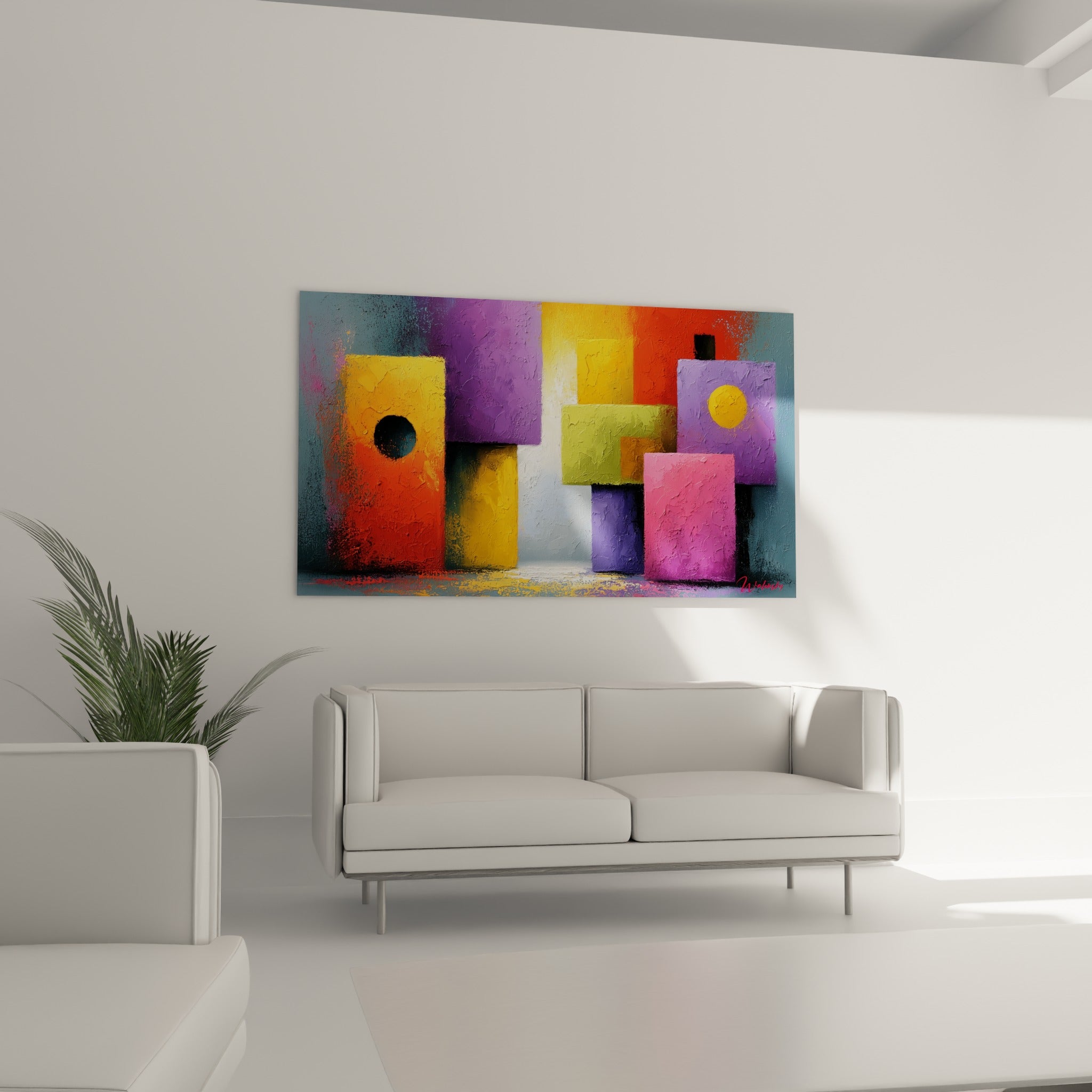 Panneaux roses et olive de ce tableau géométrique abstrait au-dessus d'un canapé dans un salon lumineux