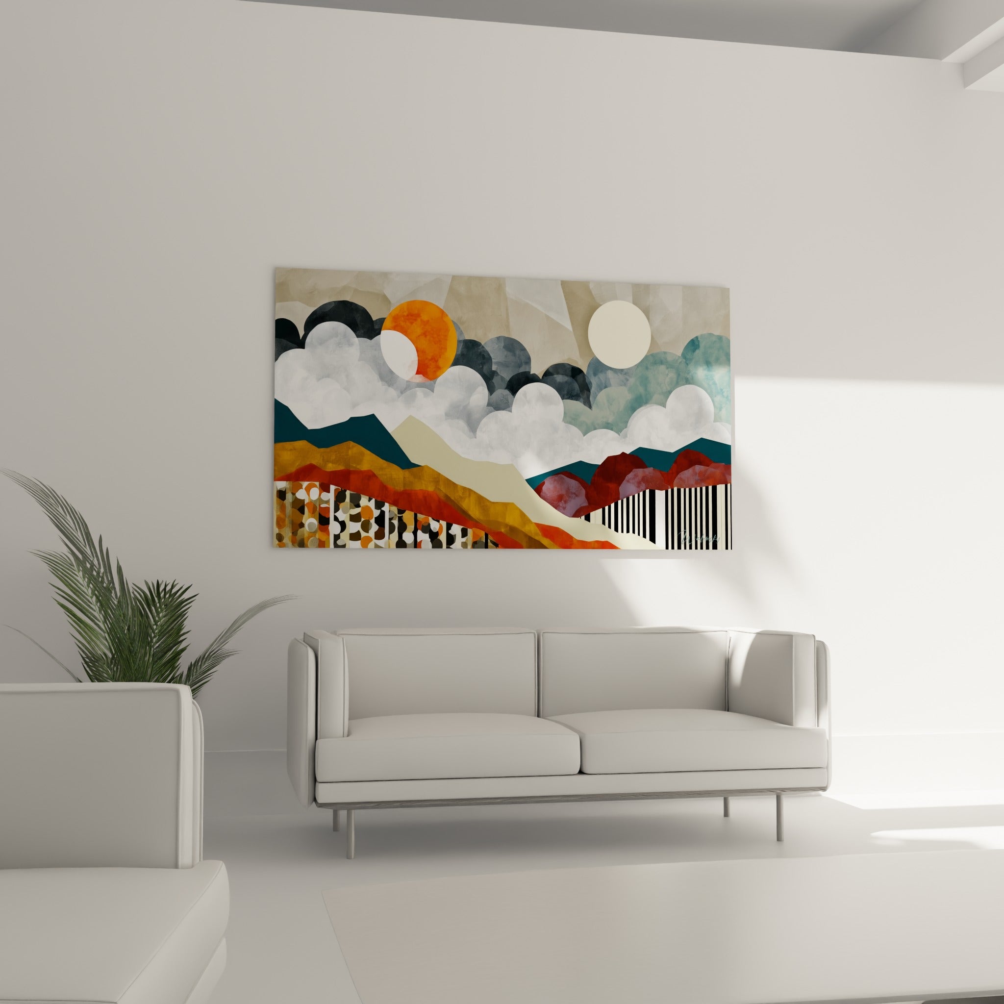 Paysage géometrique abstrait bleu marine et rouille au-dessus d'un canapé dans un salon lumineux