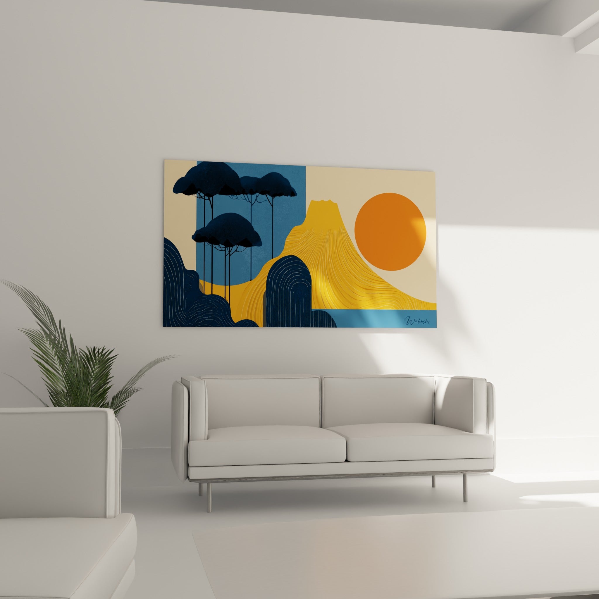 Paysage stylisé bleu marine et orange avec sommet doré, tableau géometrique abstrait au-dessus d'un canapé dans un salon lumineux