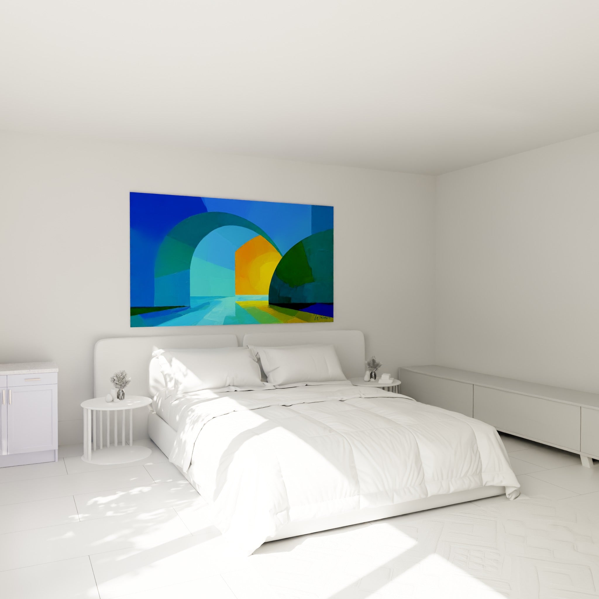 Trois arches bleu profond et halo orangé, œuvre géometrique abstrait au-dessus d'un lit dans une chambre claire