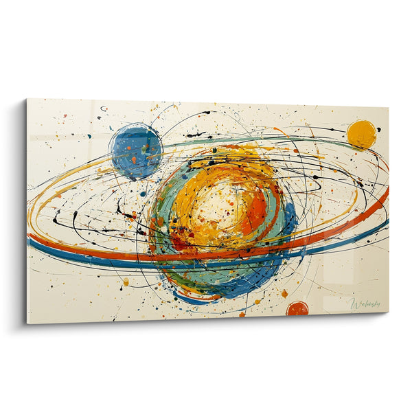 Tableau Planète orbites dorées et bleues éclaboussées - Naissance cosmique - Edition géometrique abstrait