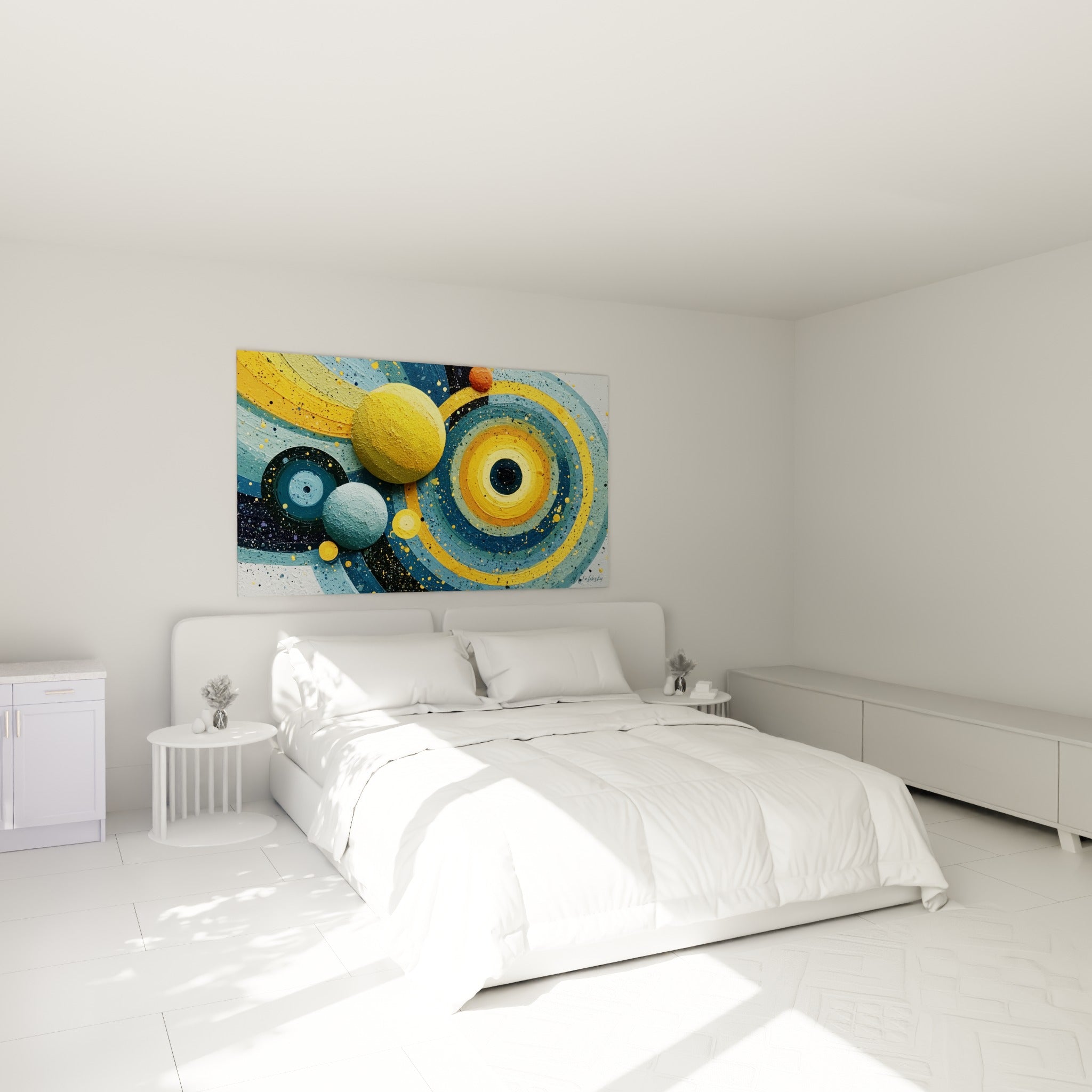 Planètes dorées et cercles bleu marine de ce tableau géométrique abstrait au-dessus d'un lit dans une chambre claire