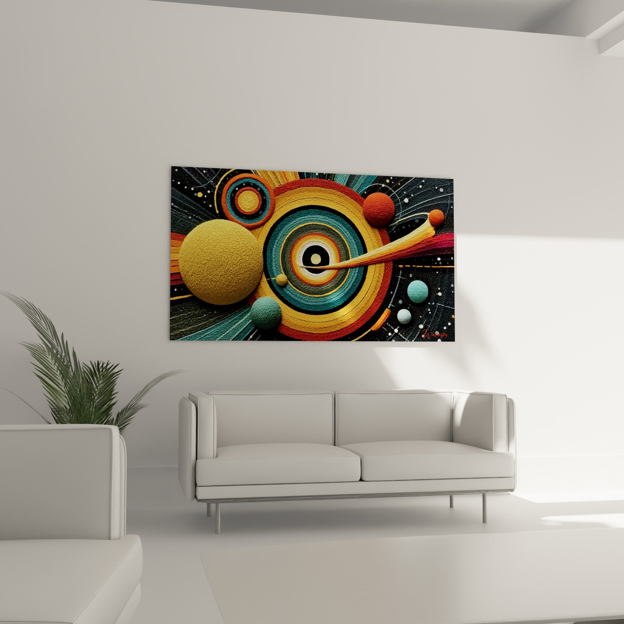 Sphères dorées et turquoise entourant des anneaux rouge brique, accrochées au-dessus d'un canapé dans un salon lumineux