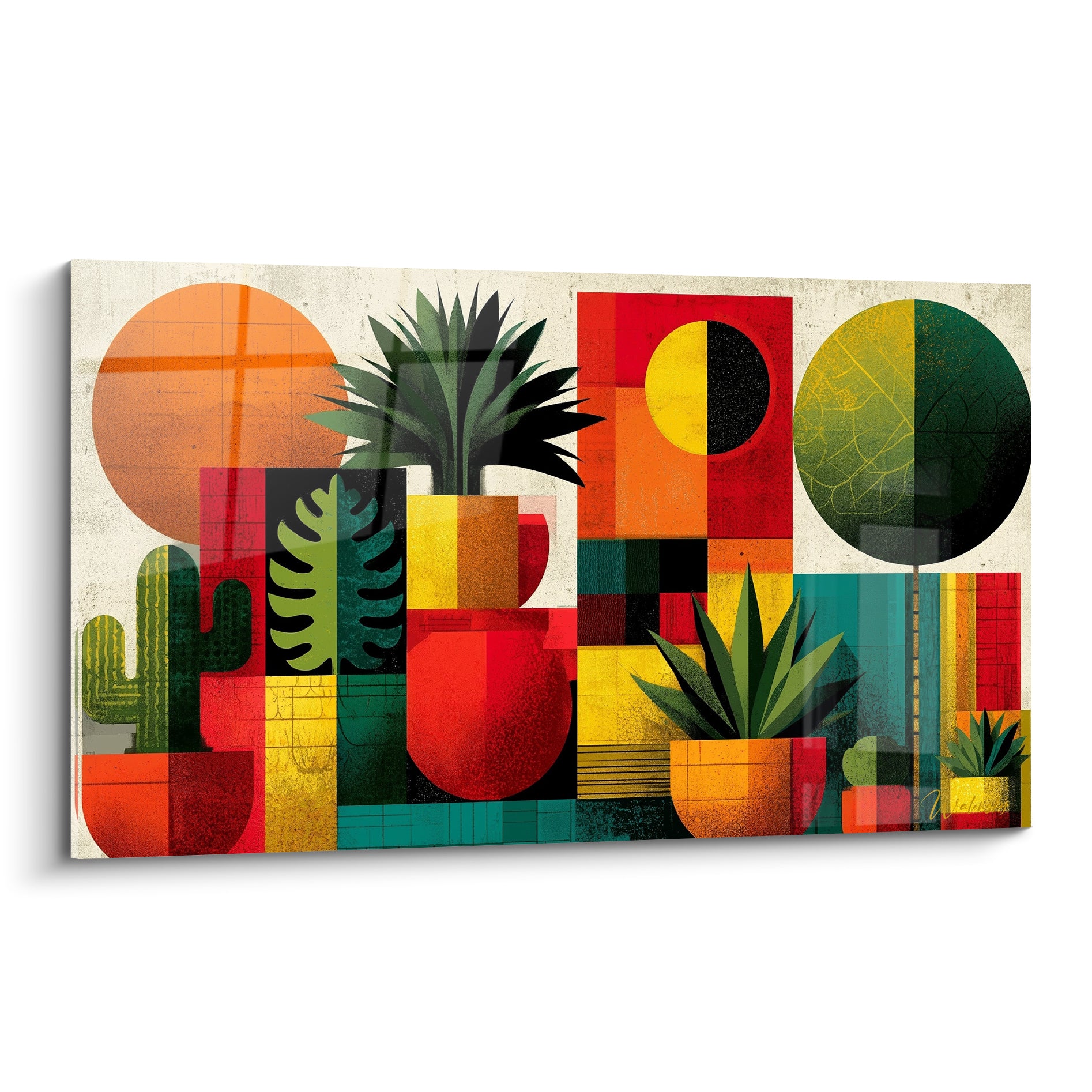Plantes en pot rouge, jaune et vert sur fond géométrique abstrait aux cercles orange et noir