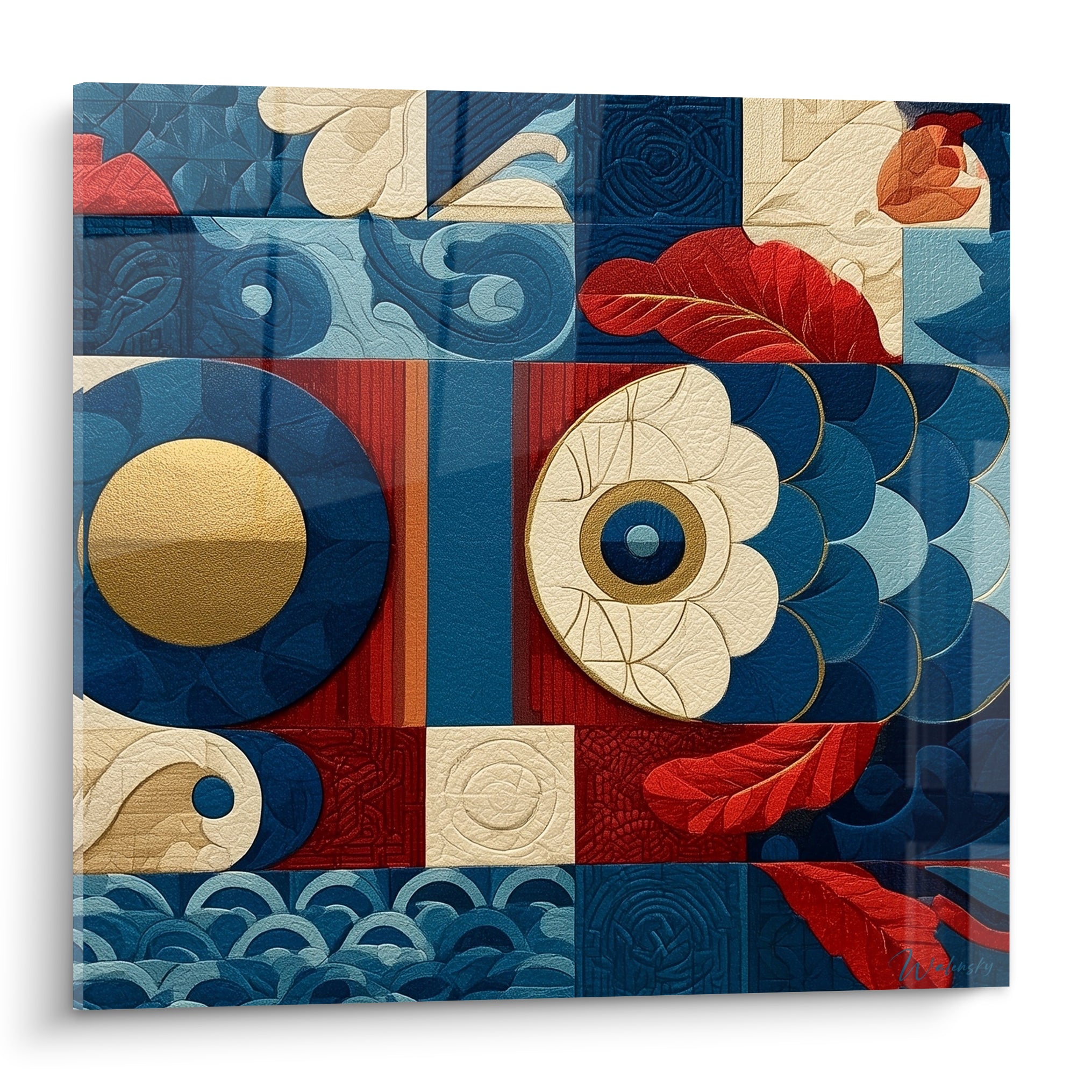 Poisson géometrique abstrait en bleu marine et doré, écailles texturées et œil cerclé d'or