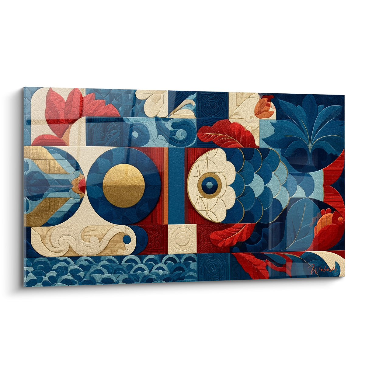 Poisson géométrique abstrait aux écailles bleu marine et rouge vermillon, motifs dorés éclatants