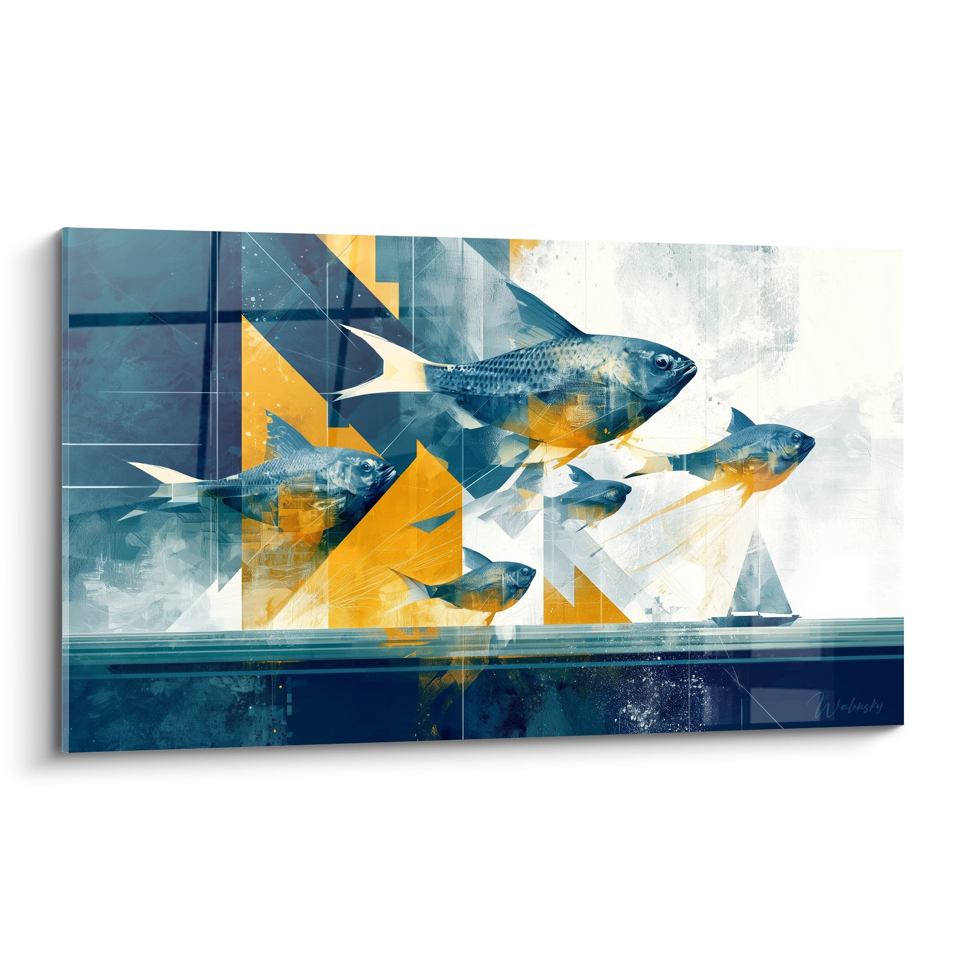 Poissons bleu marine et ocre nageant en formation sur fond géométrique abstrait aux triangles dorés