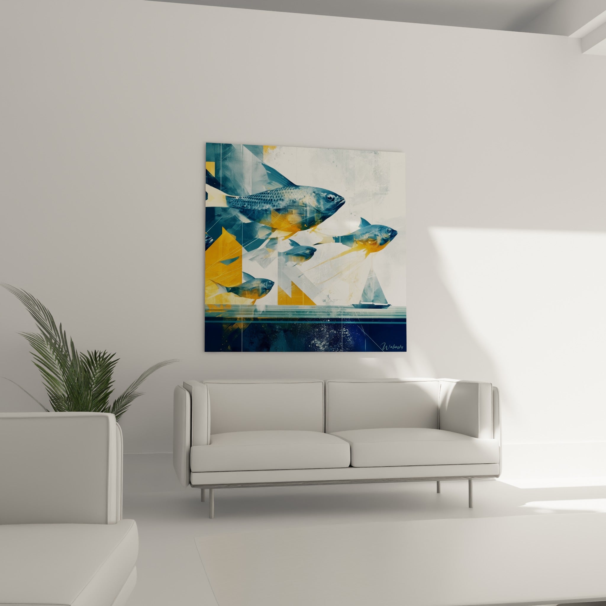 Poissons anthracite et dorés géométrique abstrait en pleine nage, au-dessus d'un canapé dans un salon lumineux