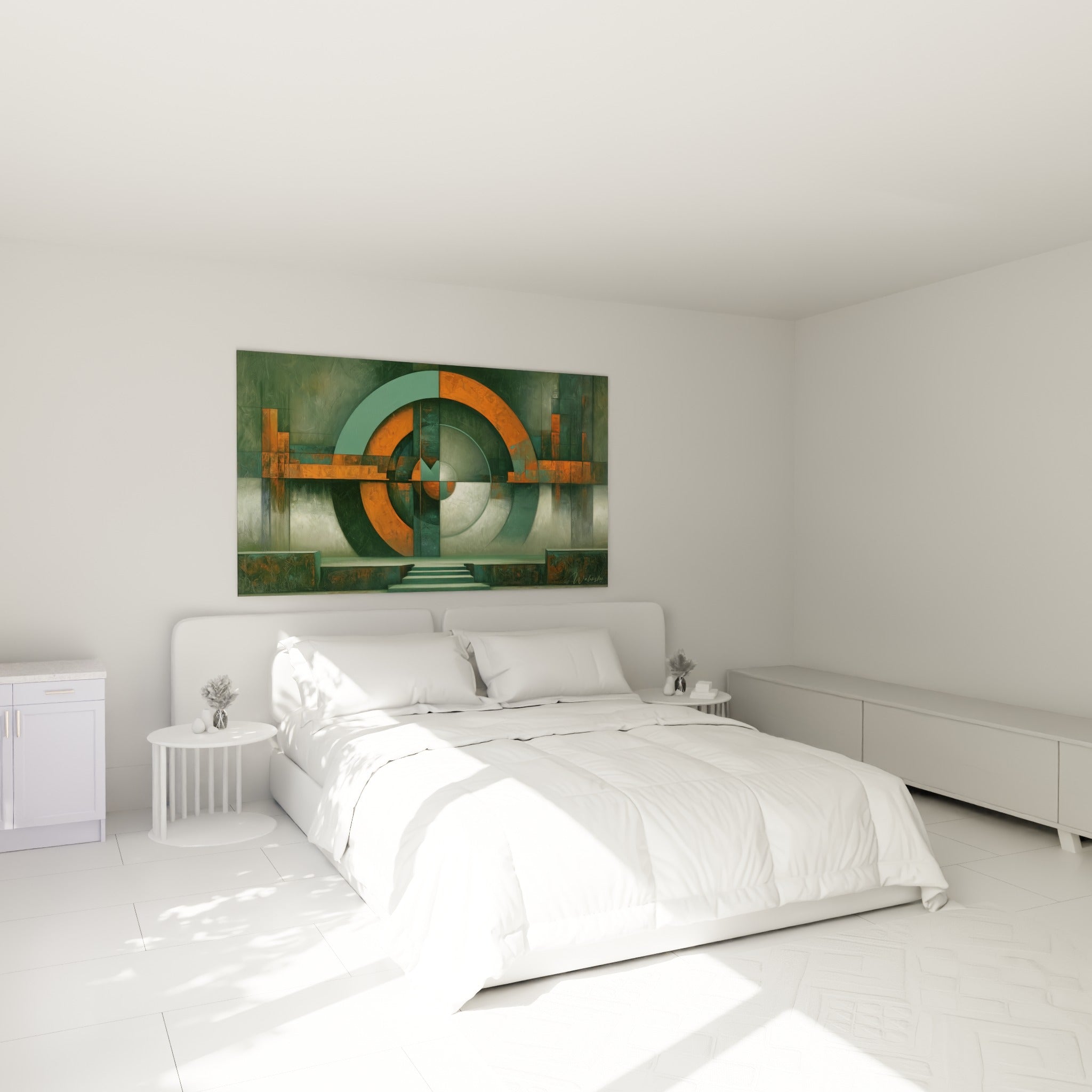 Portail circulaire orange et vert anthracite d'un tableau géométrique abstrait, au-dessus d'un lit dans une chambre claire