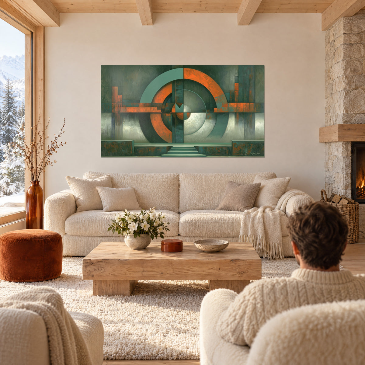 Tableau cercles concentriques orange et vert anthracite, passage monumental, regardé par un homme de dos au-dessus d'un canapé dans un salon lumineux