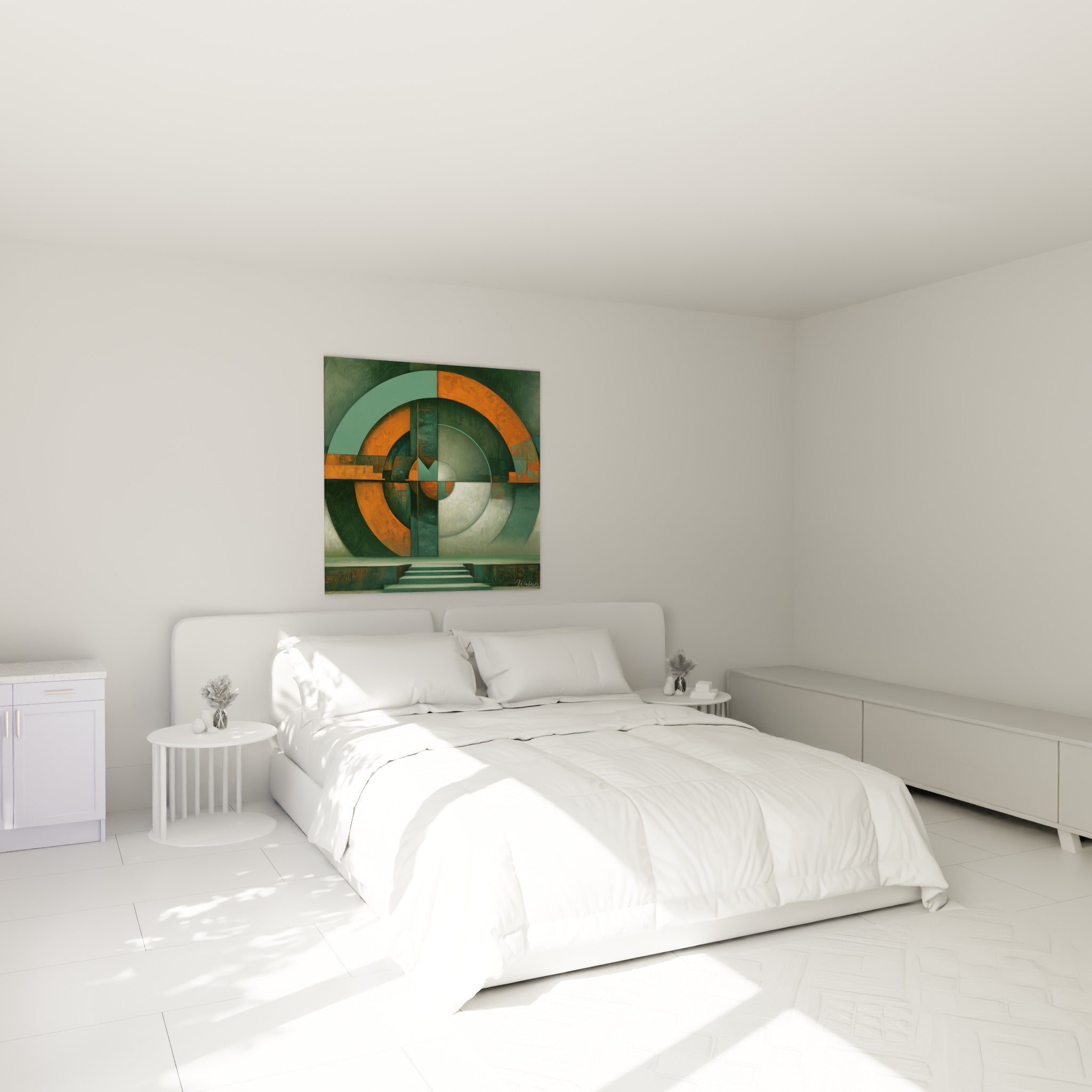 Portail circulaire géometrique abstrait vert et orange brûlé au-dessus d'un lit dans une chambre claire