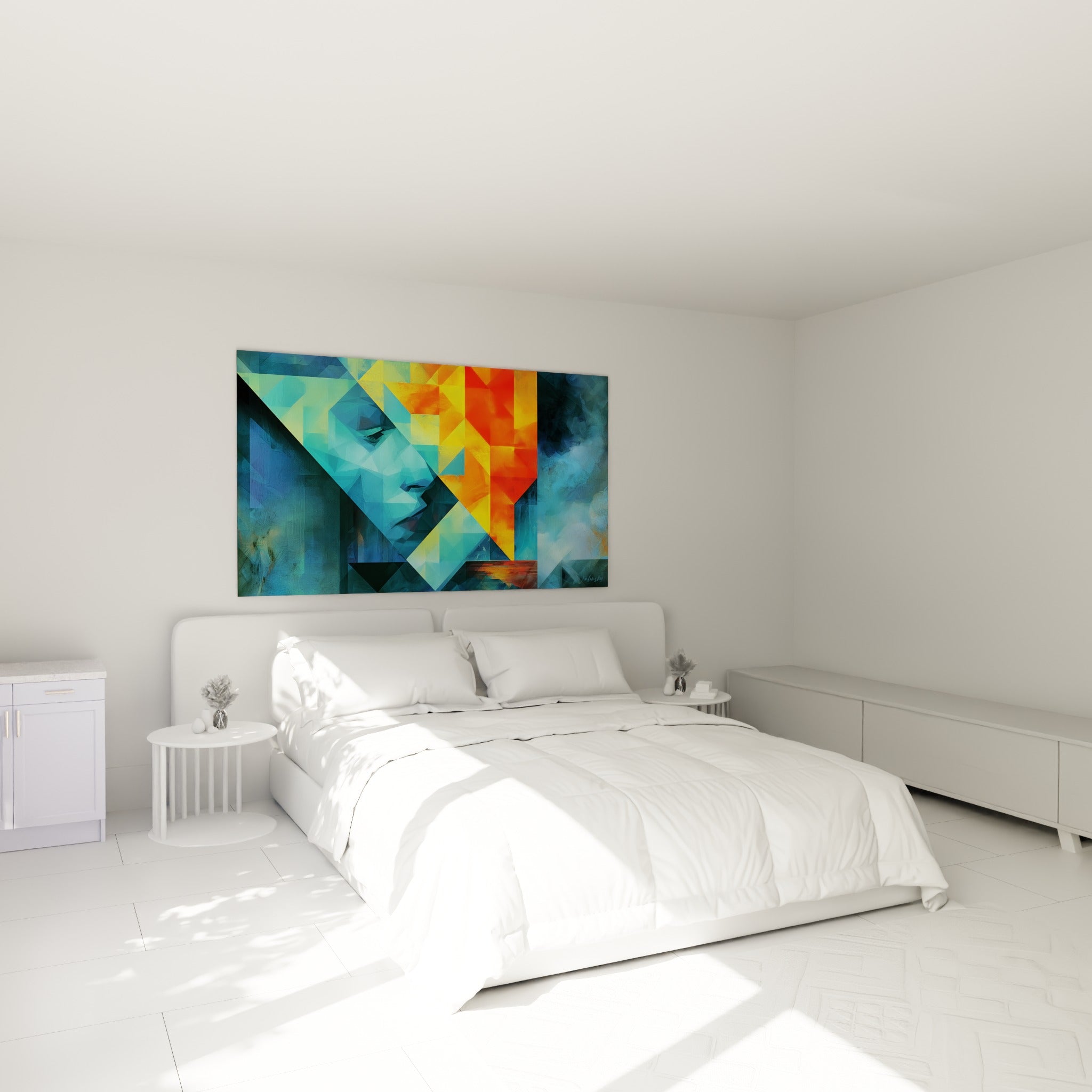 Portrait bleu anthracite et éclats orange dorés de ce tableau géometrique abstrait au-dessus d'un lit dans une chambre claire