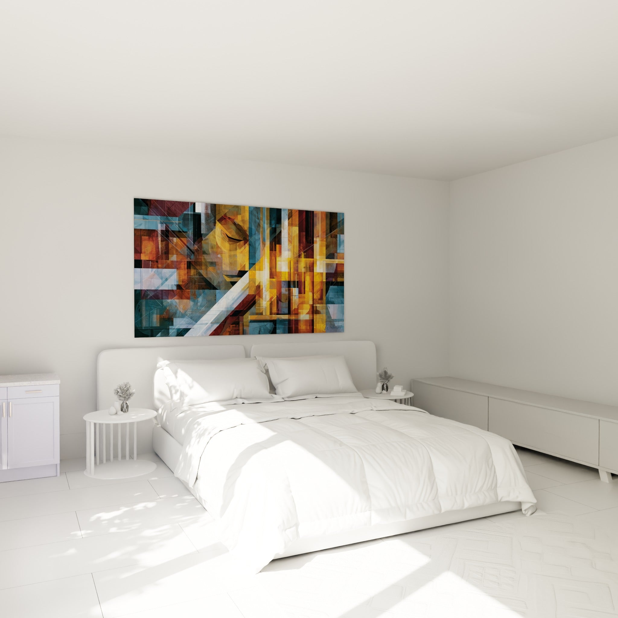 Portrait géométrique ocre et bleu marine accroché au-dessus d'un lit dans une chambre claire