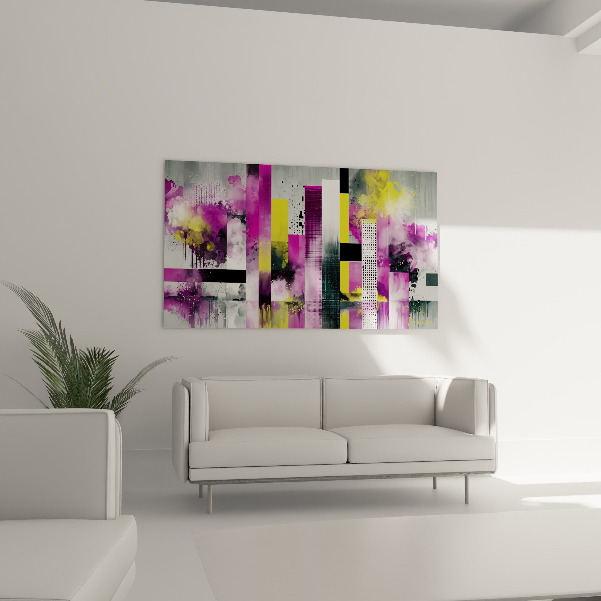 Œuvre géometrique abstraite aux tons pourpres et dorés au-dessus d'un canapé dans un salon lumineux