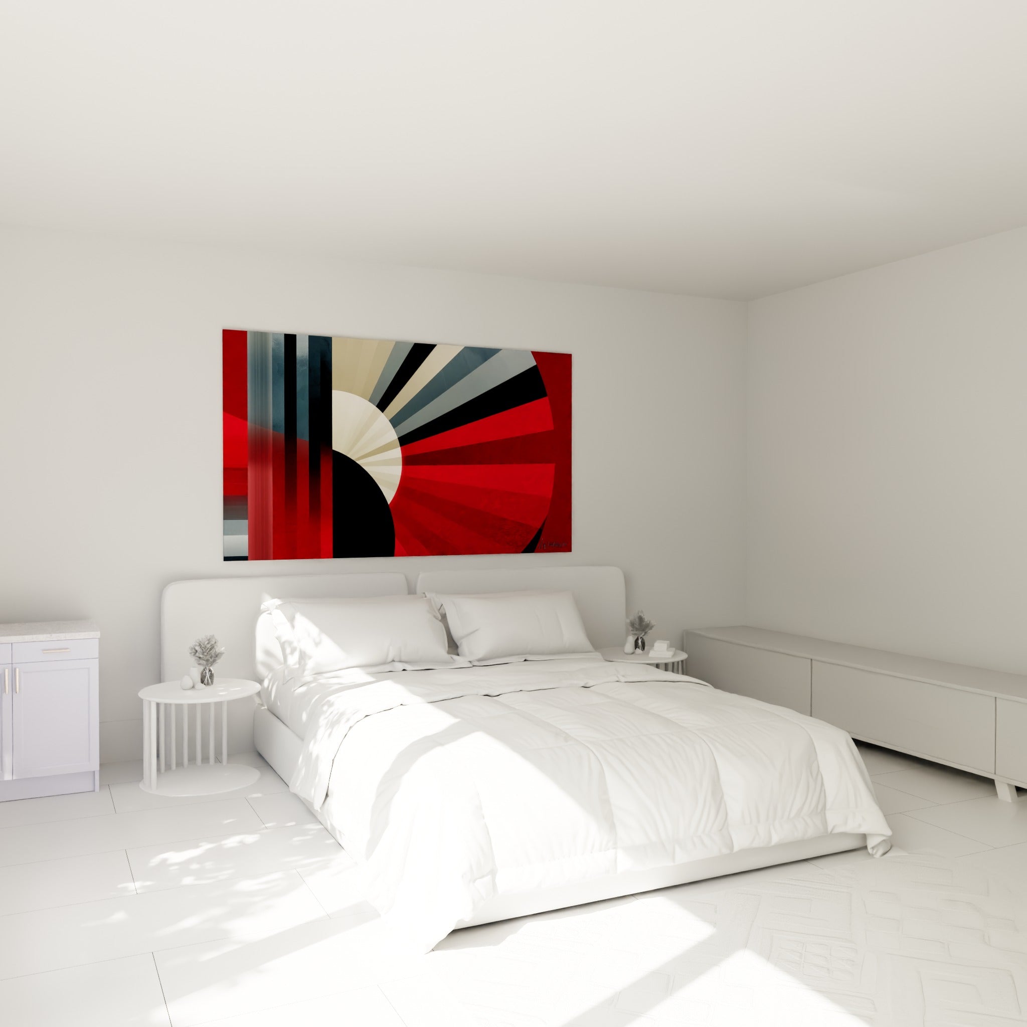 Composition rayonnante rouge et anthracite du géometrique abstrait, au-dessus d'un lit dans une chambre claire