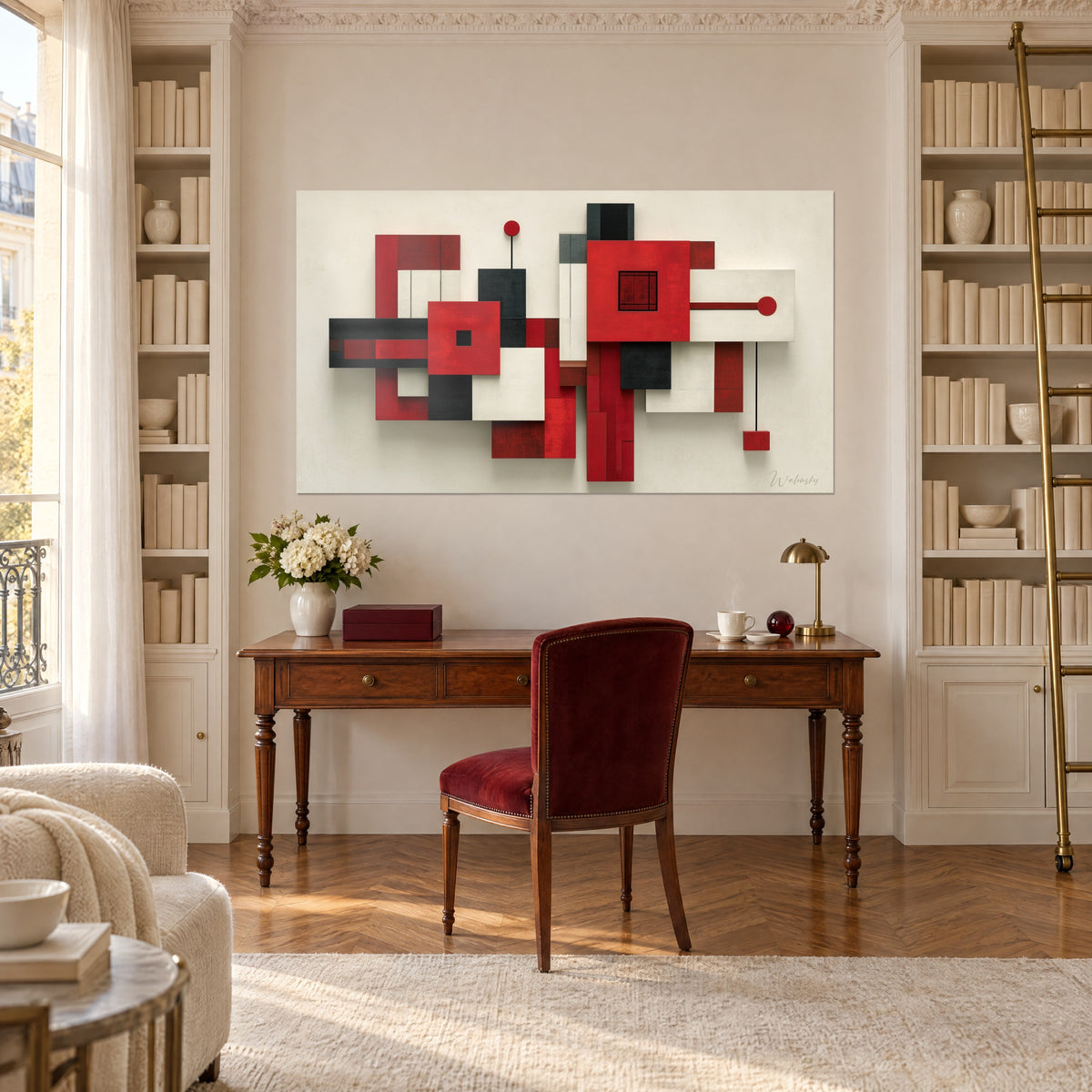 Quadro a mosaico in rilievo di piani rosso sangue, grigio ardesia e bianco, linee nere, sopra una scrivania in legno e una libreria