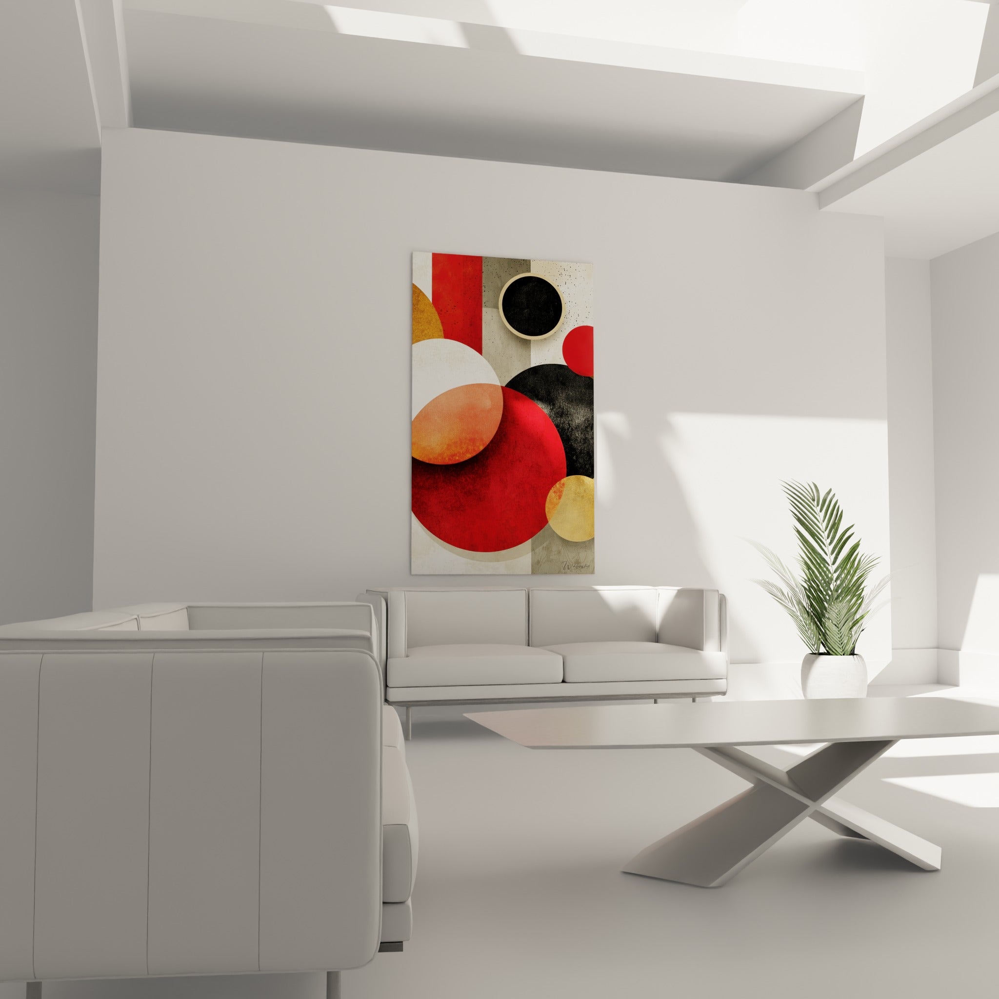 Composition ronde rouge et anthracite géométrique abstrait au-dessus d'un canapé dans un salon lumineux