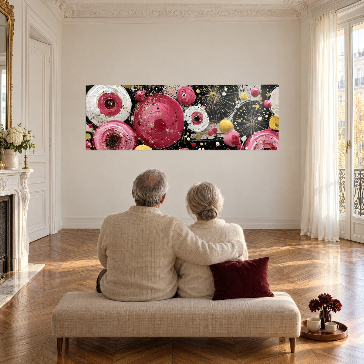 Quadro con composizione astratta di cerchi magenta, bianchi e oro su fondo scuro, coppia anziana di spalle su una panca, soggiorno
