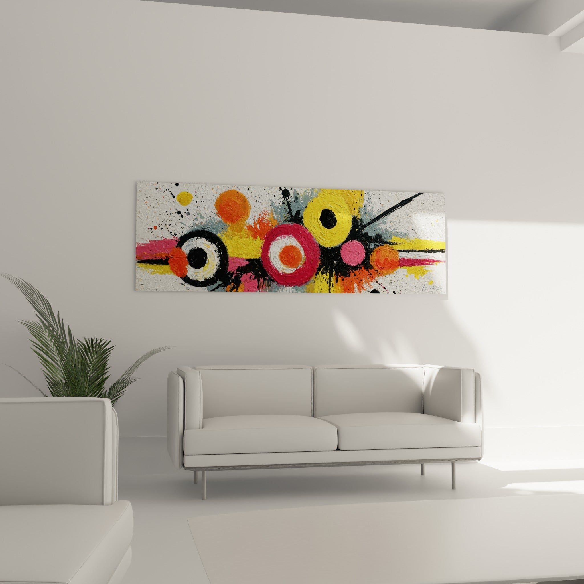 Composition de ronds orange, fuchsia et noirs éclaboussés au-dessus d'un canapé dans un salon lumineux