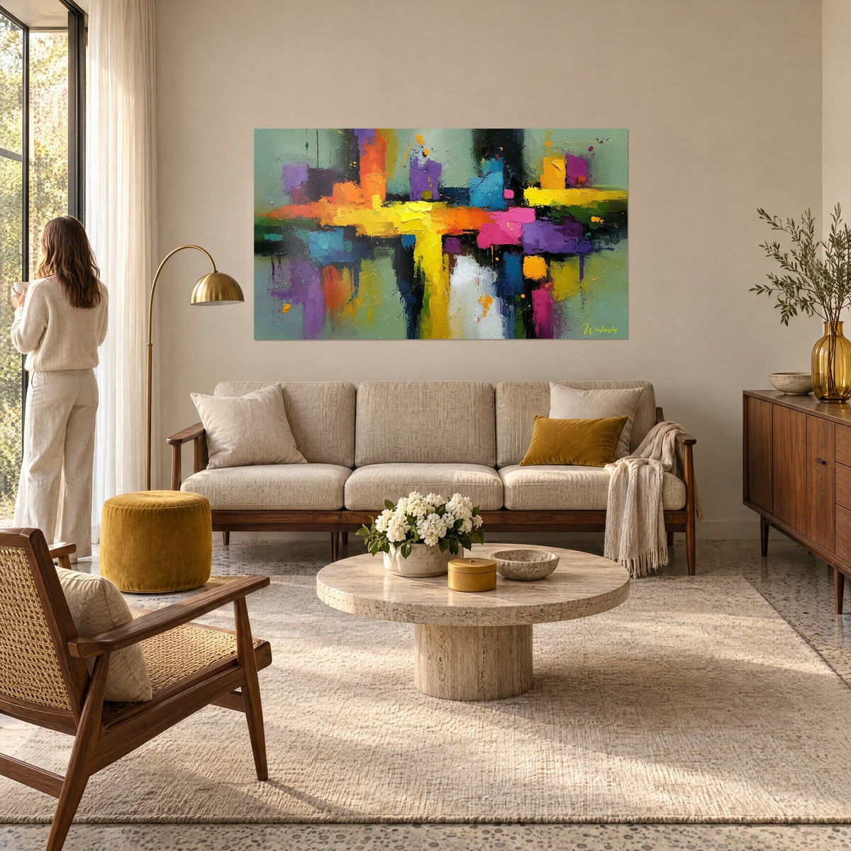 Wall art with thick flat blocks of yellow and purple on a sage green background, above a sofa in a bright living room