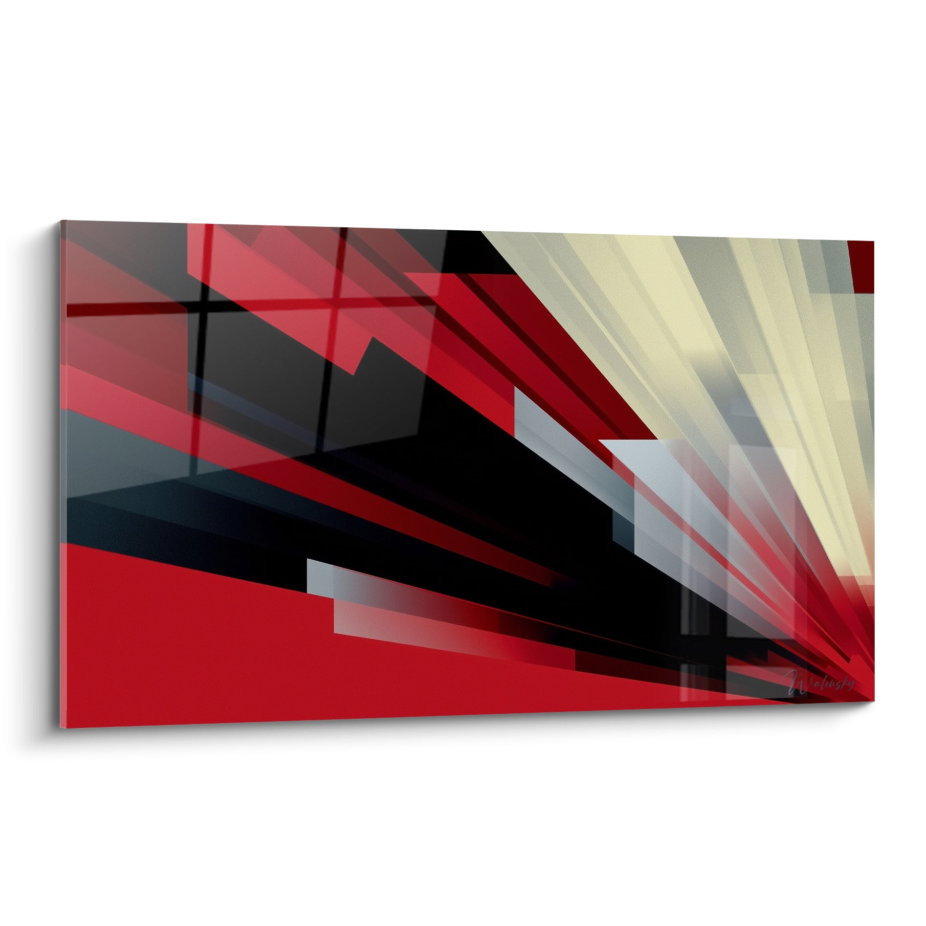 Faisceaux rouge et crème traversant un fond anthracite, composition géométrique abstraite en diagonale
