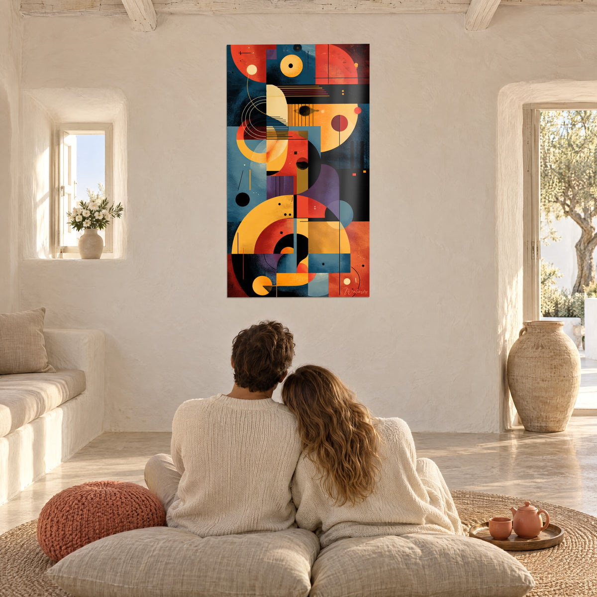 Cuadro Arte geométrico en rojo teja, azul denim y amarillo miel, pareja de espaldas sobre cojines en un salón mediterráneo