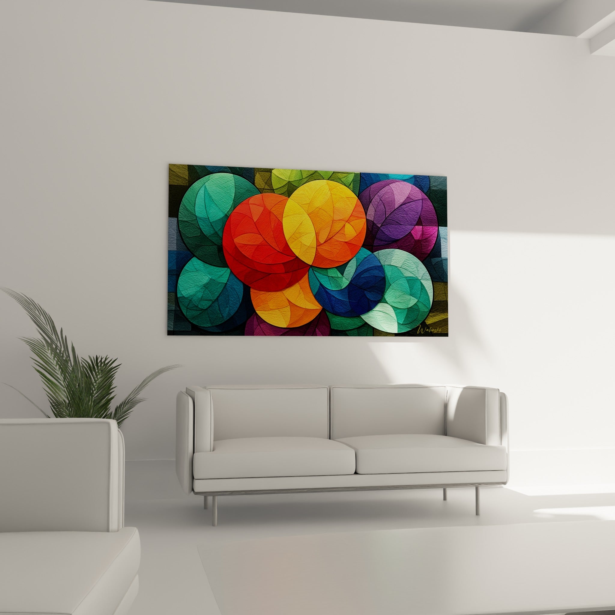 Formes rondes rouge et bleu sarcelle du tableau géometrique abstrait au-dessus d'un canapé dans un salon lumineux