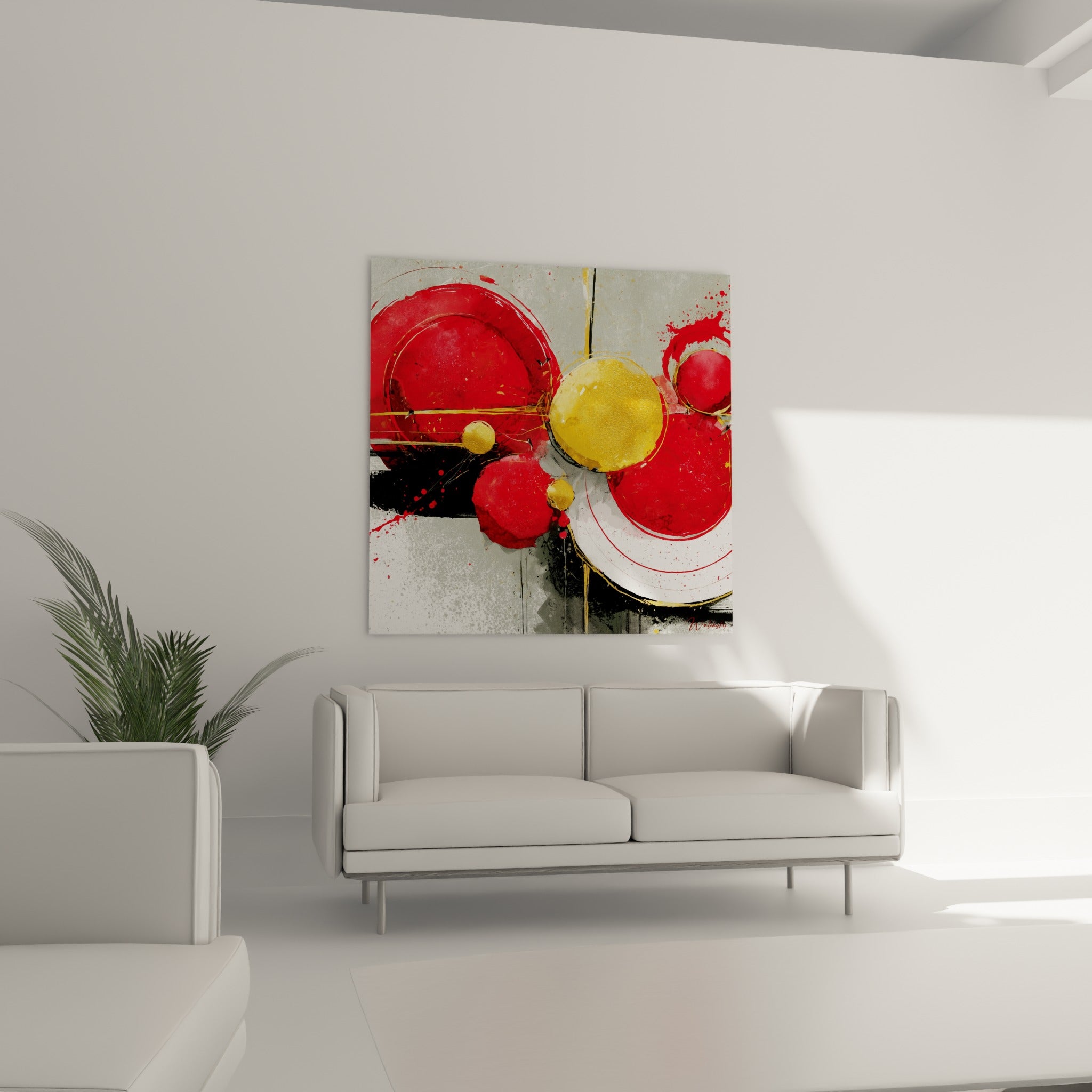 Formes rondes rouge et or entrelacées de traits noirs habillent ce tableau géométrique abstrait au-dessus d'un canapé dans un salon lumineux