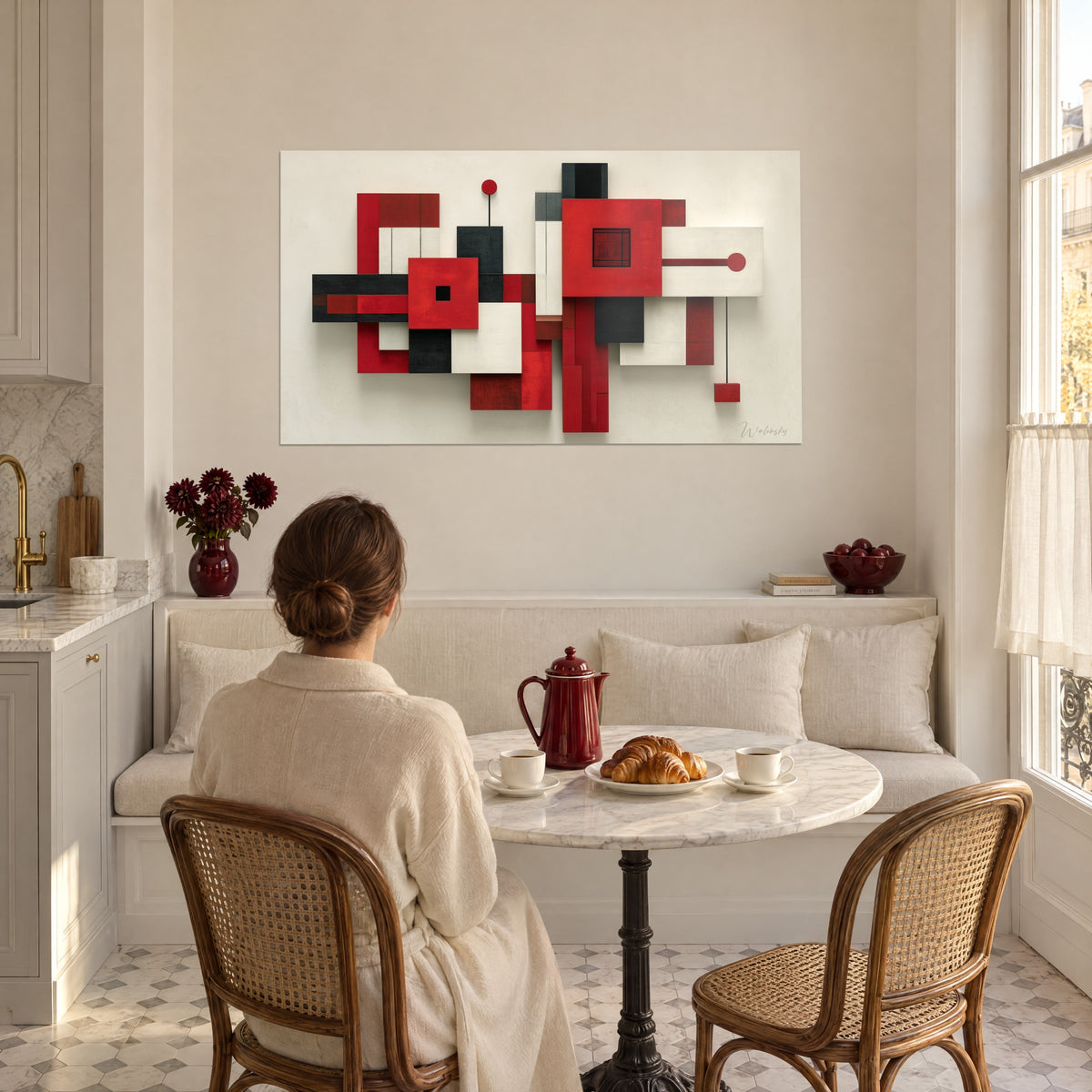 Quadro a puzzle di pannelli scarlatti e antracite con sottili aste, parete bianca, di fronte a una donna seduta a tavola in una cucina soleggiata