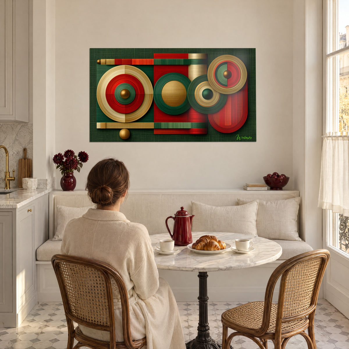 Tableau composition géométrique de cercles dorés et rouges, femme de dos au petit-déjeuner, banquette blanche, cuisine haussmannienne
