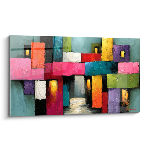 Tableau Ruelle colorée aux blocs roses et turquoise - Passage lumineux - Edition géometrique abstrait