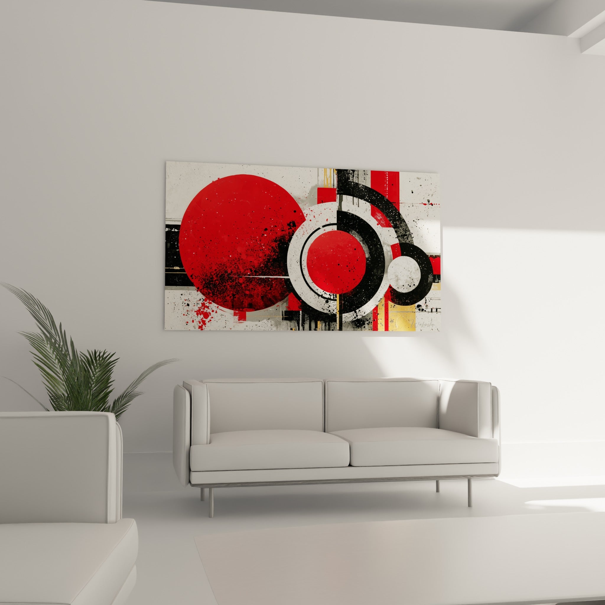 Cercles rouges et anneaux noirs de ce tableau géometrique abstrait au-dessus d'un canapé dans un salon lumineux