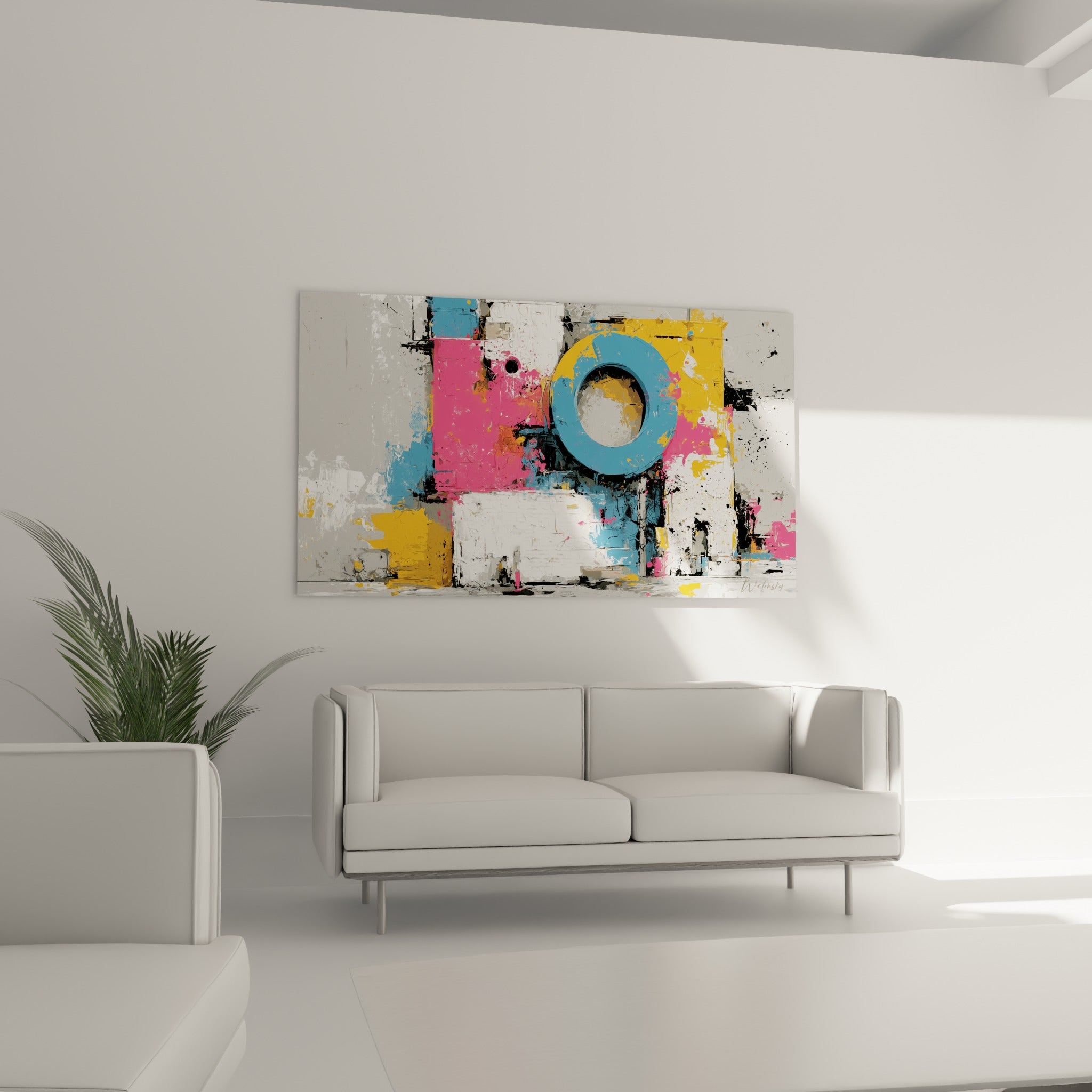 Formes urbaines fragmentées en bleu, gris anthracite et rose fuchsia au-dessus d'un canapé dans un salon lumineux