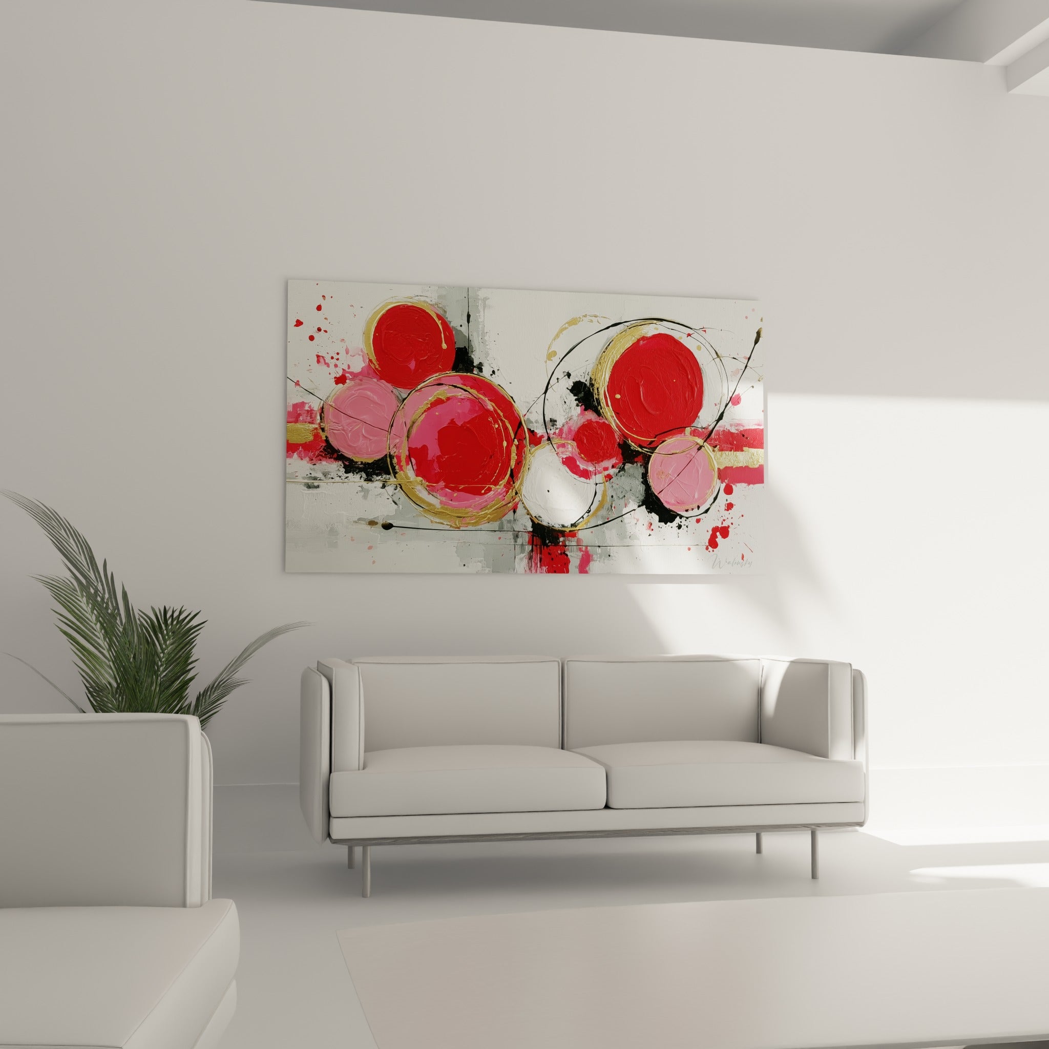 Composition ronde rouge, rose et blanche aux liserés dorés, tableau géométrique abstrait au-dessus d'un canapé dans un salon lumineux
