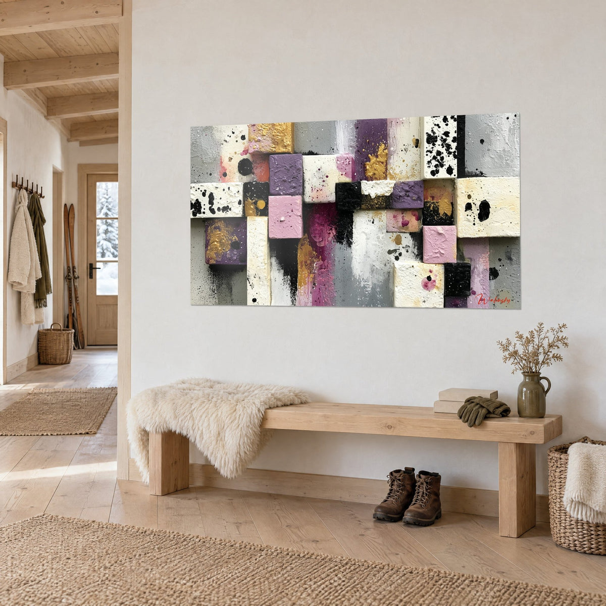 Wall art geometric composition of raised grey, violet and gold cubes, black splashes, in a wooden chalet entrance