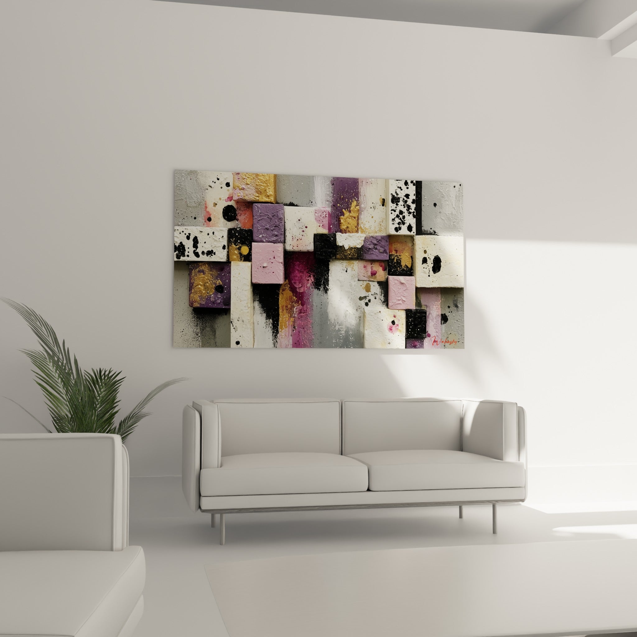 Fragments dorés et noirs du tableau géométrique abstrait au-dessus d'un canapé dans un salon lumineux