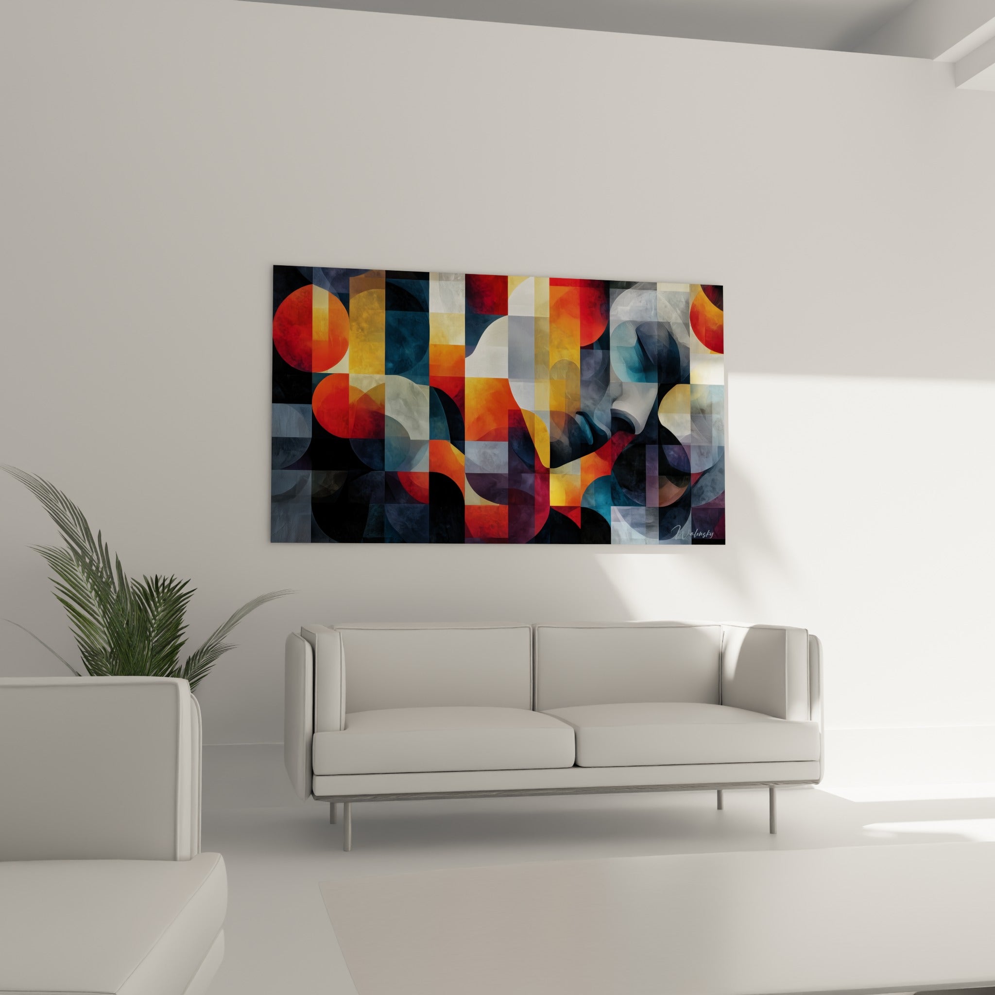 Cercles orangés et silhouette courbe d'une composition géométrique abstraite au-dessus d'un canapé dans un salon lumineux