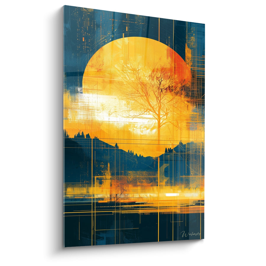 Tableau Soleil doré et arbre solitaire bleu nuit - Crépuscule silencieux - Edition géometrique abstrait