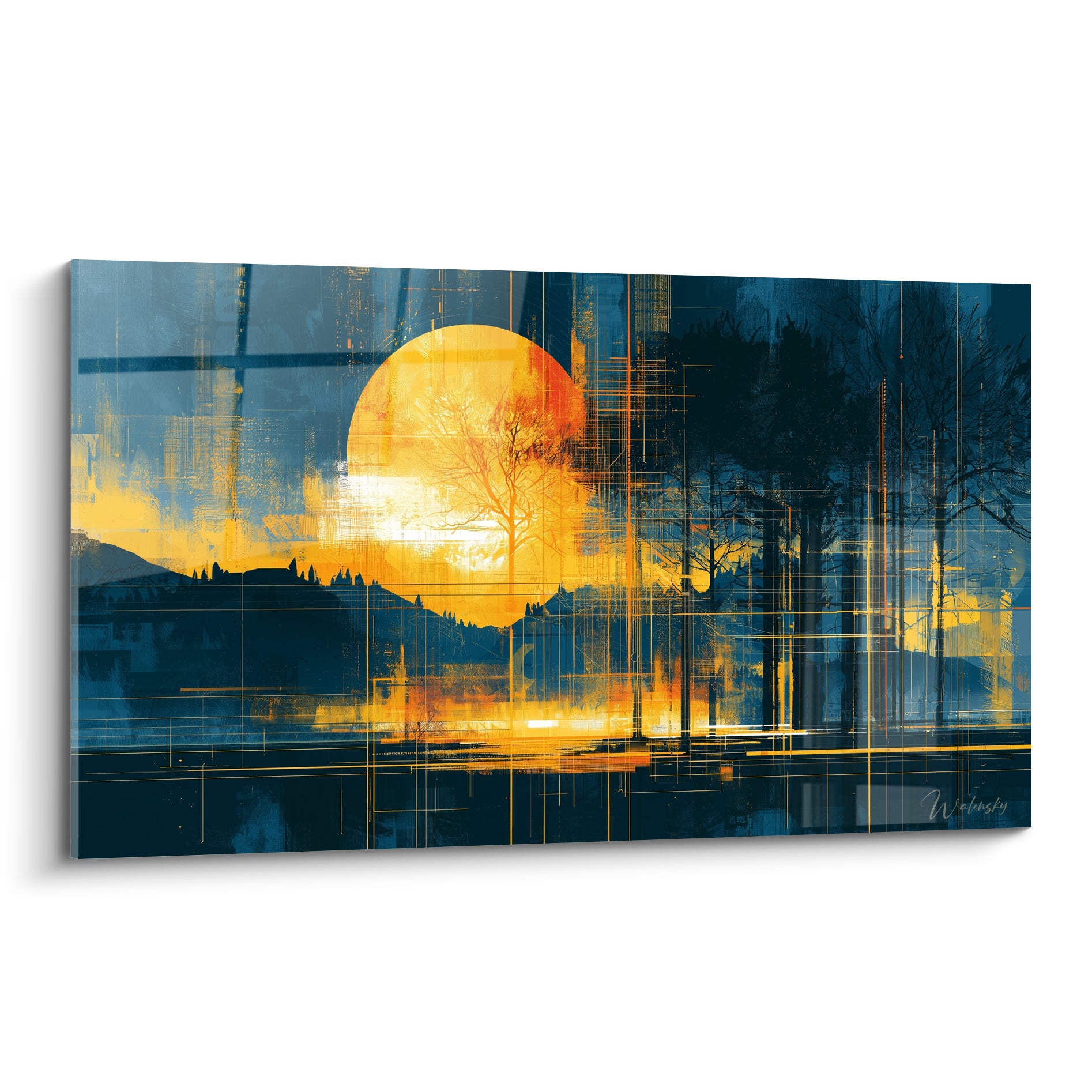 Disque doré embrasé traversant une forêt bleu anthracite, tableau géometrique abstrait aux lignes fines