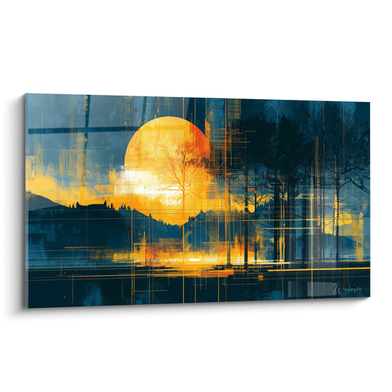 Disque doré embrasé traversant une forêt bleu anthracite, tableau géometrique abstrait aux lignes fines