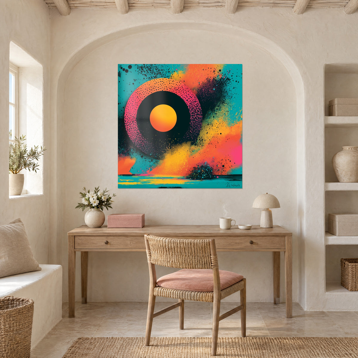 Schilderij ockerkleurige planeet omringd door zwarte stippen op turquoise achtergrond, roze strepen, boven een bureau van licht hout