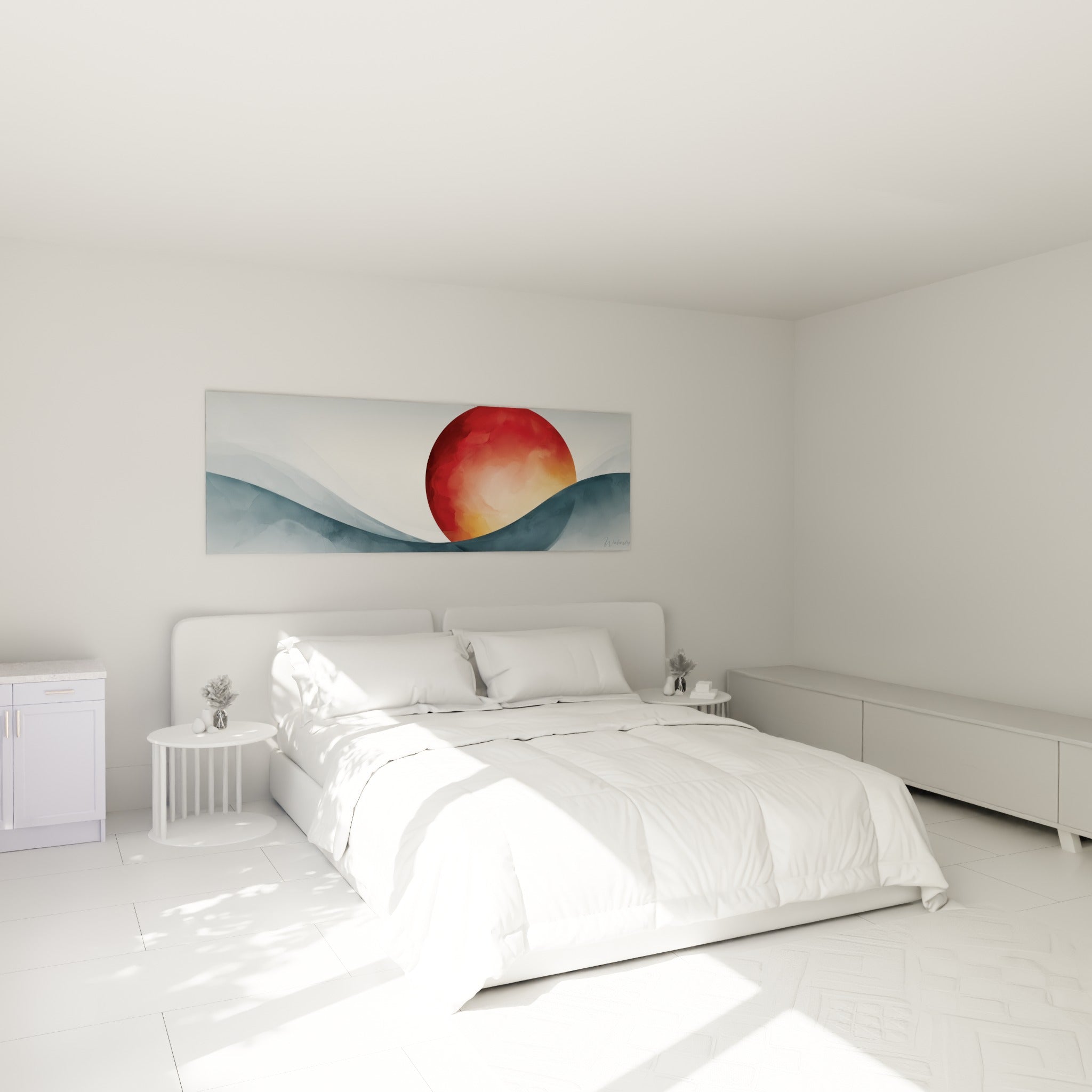 Composition rouge et gris ardoise d'un tableau géométrique abstrait au-dessus d'un lit dans une chambre claire