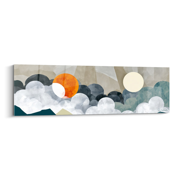 Tableau Nuages orange et bleu marine deux soleils - Double lever céleste - Edition géometrique abstrait