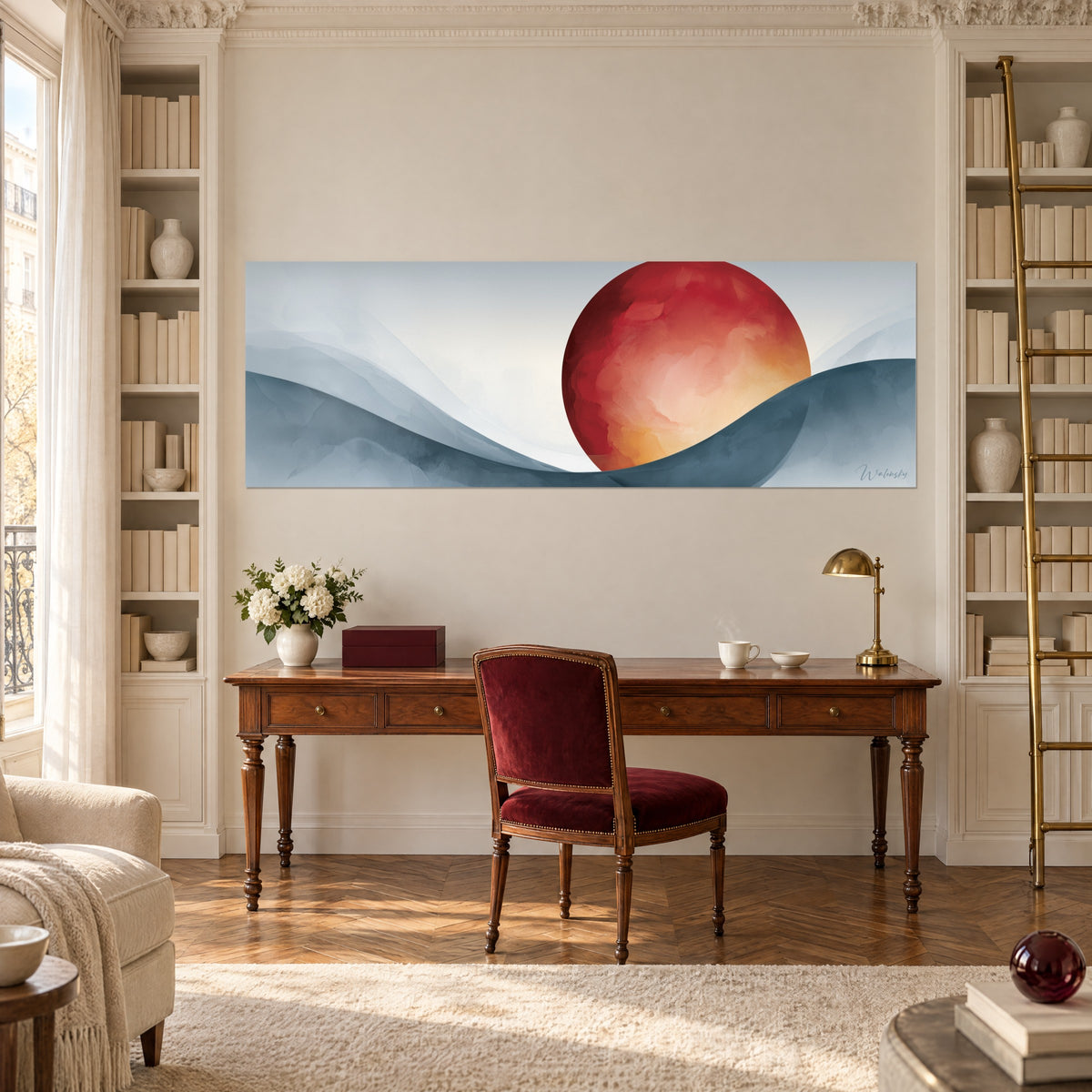 Quadro luna ruggine su duna blu-grigio, sfondo avorio nebbioso, sopra una scrivania in legno e la libreria bianca